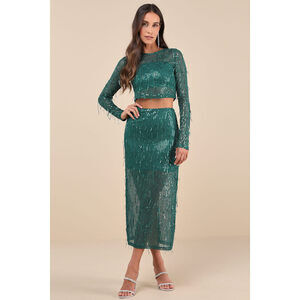 Lulus Greatest Sparkle Green Mesh Sequin Fringe Two-piece Midi Dress NWT